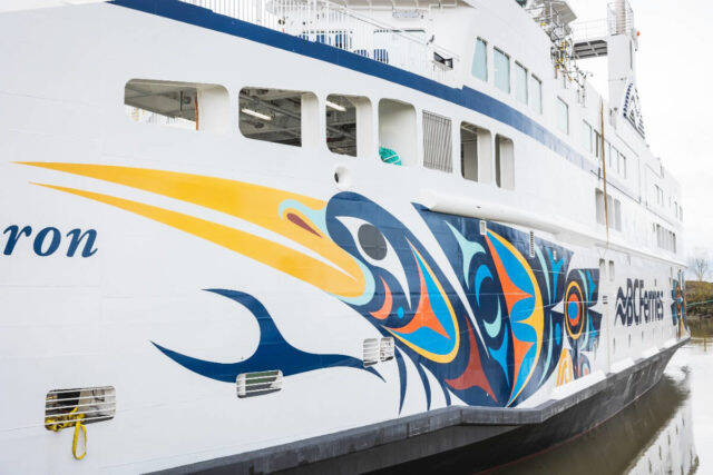 Maynard Johnny Jr.&rsquo;s design on the side of the Salish Heron. (Photo by BC Ferries)